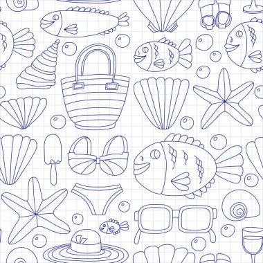 Vektör resimleri plaj tatil ve tropikal deniz yaşamının doodle