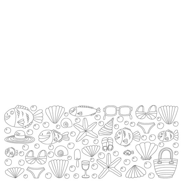 Vector doodle pictures of beach vacation and tropical sea life — Stock Vector