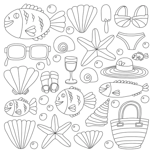 Doodle vektorové obrázky pláž dovolená a tropické moře života — Stockový vektor