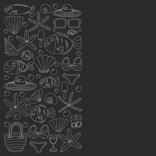 Vector doodle pictures of beach vacation and tropical sea life — Stock Vector