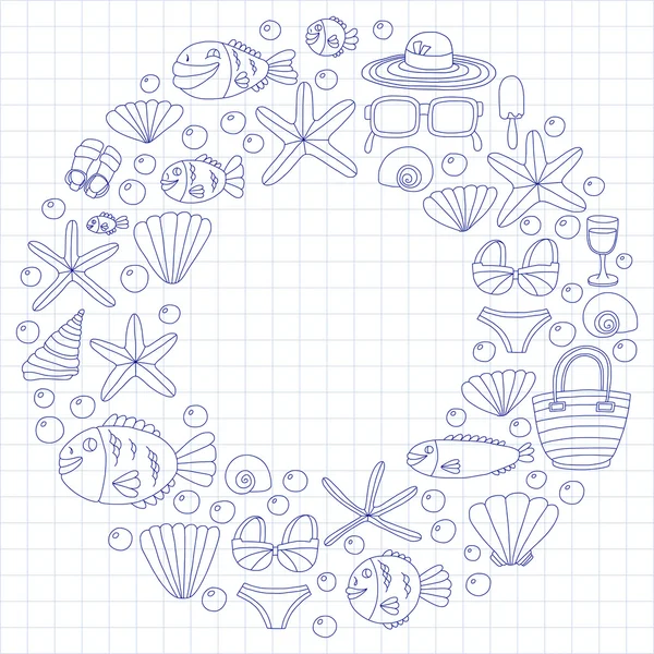 Vector doodle fotos de férias na praia e vida marinha tropical —  Vetores de Stock