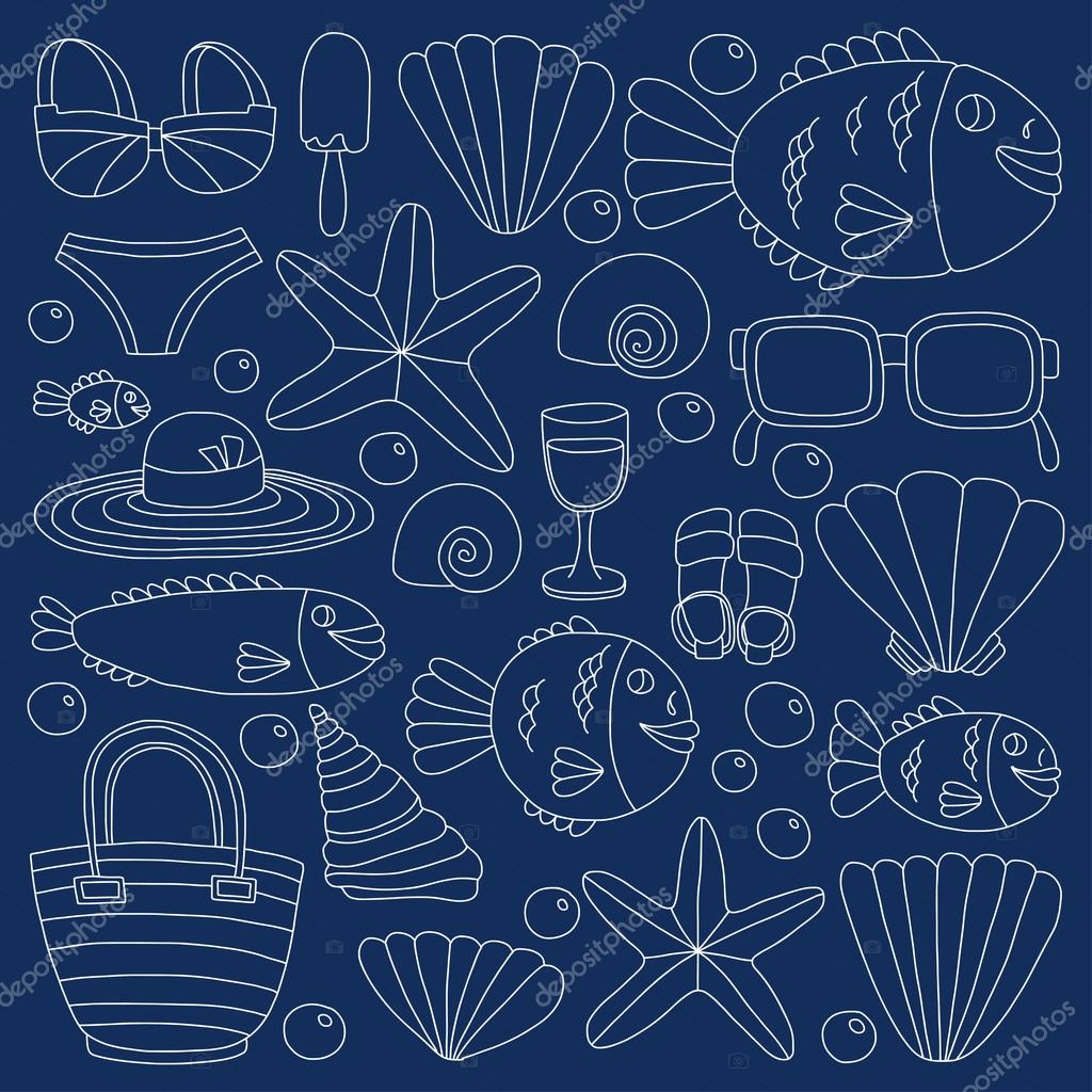 Vector doodle immagini della vita di mare spiaggia vacanze e Vector doodle immagini della vita di mare spiaggia vacanze e tropical — Vettoriale Stock