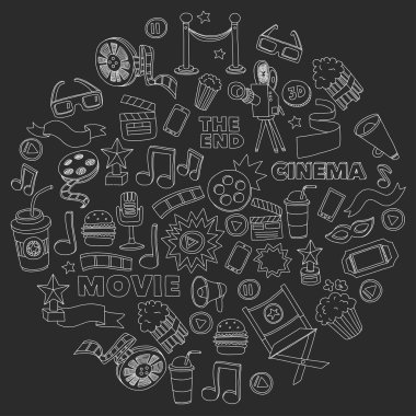 Sinema Icons set. Sinema desen. Sinema simgeler. Sinema arka plan. Sinema vektör ayarlayın. Sinema eps ayarlayın. Sinema doku. Sinema küme. El çekilmiş görüntüleri film yapımı ve film.