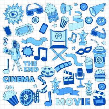 Sinema Icons set. Sinema desen. Sinema simgeler. Sinema arka plan. Sinema vektör ayarlayın. Sinema eps ayarlayın. Sinema doku. Sinema küme. El çekilmiş görüntüleri film yapımı ve film.