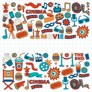 Sinema Icons set. Sinema desen. Sinema simgeler. Sinema arka plan. Sinema vektör ayarlayın. Sinema eps ayarlayın. Sinema doku. Sinema küme. El çekilmiş görüntüleri film yapımı ve film.