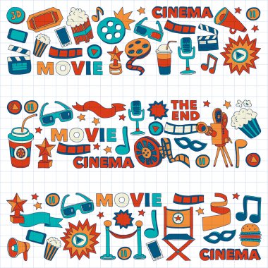 Sinema Icons set. Sinema desen. Sinema simgeler. Sinema arka plan. Sinema vektör ayarlayın. Sinema eps ayarlayın. Sinema doku. Sinema küme. El çekilmiş görüntüleri film yapımı ve film.