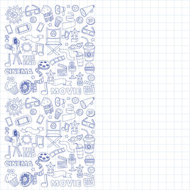 Sinema Icons set. Sinema desen. Sinema simgeler. Sinema arka plan. Sinema vektör ayarlayın. Sinema eps ayarlayın. Sinema doku. Sinema küme. El çekilmiş görüntüleri film yapımı ve film.