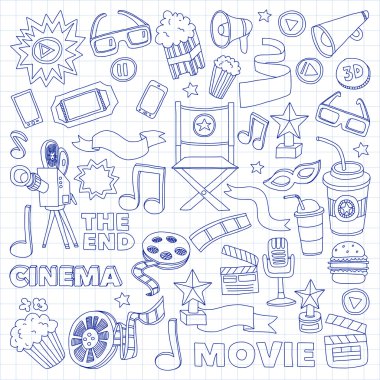 Sinema Icons set. Sinema desen. Sinema simgeler. Sinema arka plan. Sinema vektör ayarlayın. Sinema eps ayarlayın. Sinema doku. Sinema küme. El çekilmiş görüntüleri film yapımı ve film.