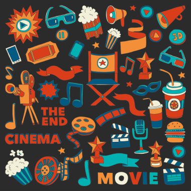 Sinema Icons set. Sinema desen. Sinema simgeler. Sinema arka plan. Sinema vektör ayarlayın. Sinema eps ayarlayın. Sinema doku. Sinema küme. El çekilmiş görüntüleri film yapımı ve film.