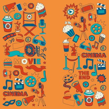 Sinema Icons set. Sinema desen. Sinema simgeler. Sinema arka plan. Sinema vektör ayarlayın. Sinema eps ayarlayın. Sinema doku. Sinema küme. El çekilmiş görüntüleri film yapımı ve film.