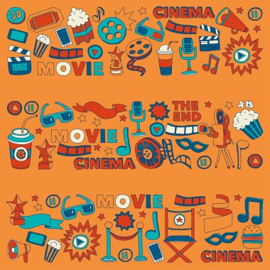 Sinema Icons set. Sinema desen. Sinema simgeler. Sinema arka plan. Sinema vektör ayarlayın. Sinema eps ayarlayın. Sinema doku. Sinema küme. El çekilmiş görüntüleri film yapımı ve film.