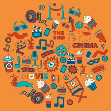 Sinema Icons set. Sinema desen. Sinema simgeler. Sinema arka plan. Sinema vektör ayarlayın. Sinema eps ayarlayın. Sinema doku. Sinema küme. El çekilmiş görüntüleri film yapımı ve film.