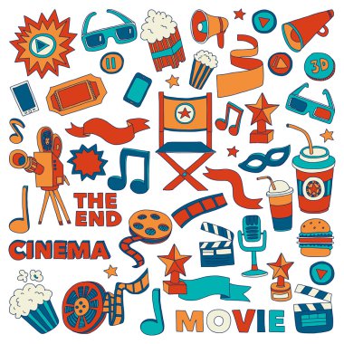 Sinema Icons set. Sinema desen. Sinema simgeler. Sinema arka plan. Sinema vektör ayarlayın. Sinema eps ayarlayın. Sinema doku. Sinema küme. El çekilmiş görüntüleri film yapımı ve film.