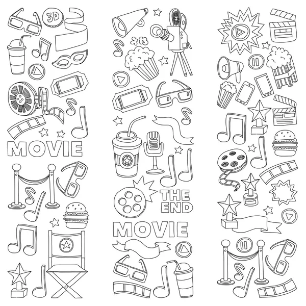 Conjunto de iconos de cine. Patrón de cine. Iconos de cine. Fondo del cine. Vector de conjunto de cine. El cine establece eps. Textura de cine. Conjunto de cine. Filmmaking y películas imágenes dibujadas a mano . — Archivo Imágenes Vectoriales