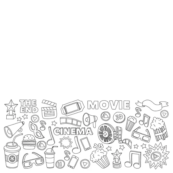 Conjunto de iconos de cine. Patrón de cine. Iconos de cine. Fondo del cine. Vector de conjunto de cine. El cine establece eps. Textura de cine. Conjunto de cine. Filmmaking y películas imágenes dibujadas a mano . — Archivo Imágenes Vectoriales