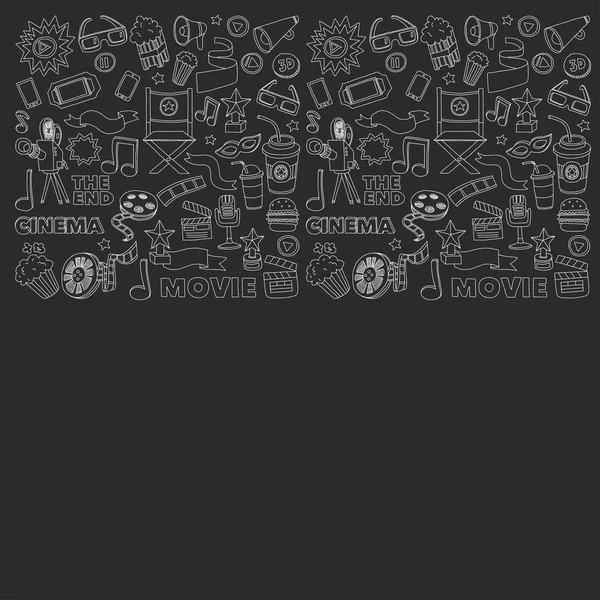 Conjunto de iconos de cine. Patrón de cine. Iconos de cine. Fondo del cine. Vector de conjunto de cine. El cine establece eps. Textura de cine. Conjunto de cine. Filmmaking y películas imágenes dibujadas a mano . — Vector de stock