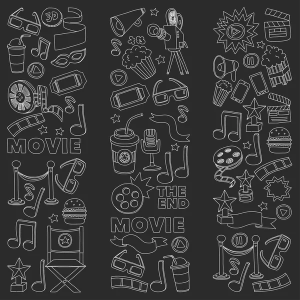 Conjunto de ícones de cinema. Padrão de cinema. Ícones de cinema. Fundo do cinema. Cinema conjunto vetor. Cinema set eps. Textura de cinema. Conjunto de cinema. Imagens desenhadas à mão de filmes e filmes . — Vetor de Stock