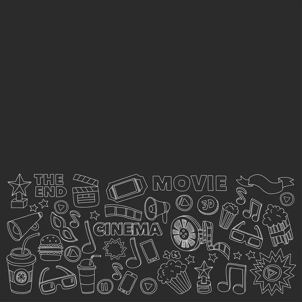 Conjunto de iconos de cine. Patrón de cine. Iconos de cine. Fondo del cine. Vector de conjunto de cine. El cine establece eps. Textura de cine. Conjunto de cine. Filmmaking y películas imágenes dibujadas a mano . — Archivo Imágenes Vectoriales