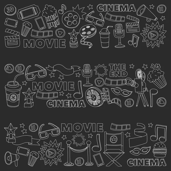 Conjunto de iconos de cine. Patrón de cine. Iconos de cine. Fondo del cine. Vector de conjunto de cine. El cine establece eps. Textura de cine. Conjunto de cine. Filmmaking y películas imágenes dibujadas a mano . — Archivo Imágenes Vectoriales