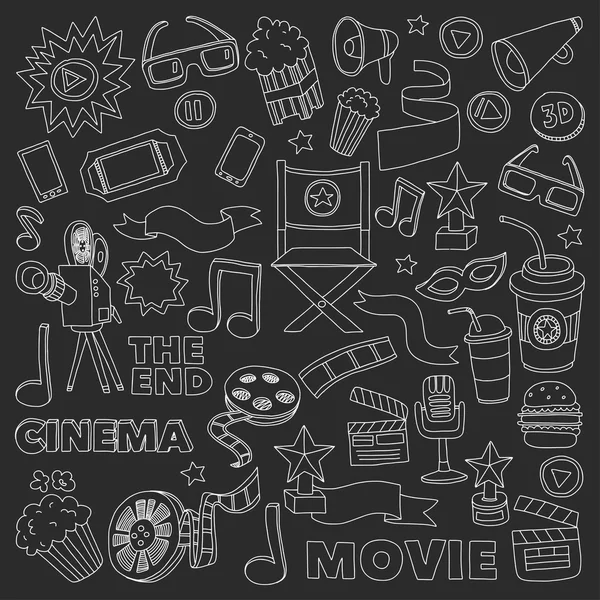 Cinema icons set. Cinema pattern. Cinema icons. Cinema background. Cinema set vector. Cinema set eps. Cinema texture. Cinema set. Filmmaking and movie hand drawn images. — Stock Vector