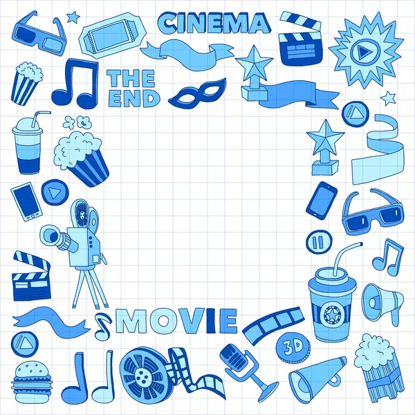 Conjunto de iconos de cine. Patrón de cine. Iconos de cine. Fondo del cine. Vector de conjunto de cine. El cine establece eps. Textura de cine. Conjunto de cine. Filmmaking y películas imágenes dibujadas a mano . — Vector de stock