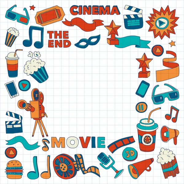 Cinema icons set. Cinema pattern. Cinema icons. Cinema background. Cinema set vector. Cinema set eps. Cinema texture. Cinema set. Filmmaking and movie hand drawn images. — Stock Vector