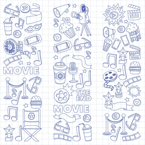 Conjunto de iconos de cine. Patrón de cine. Iconos de cine. Fondo del cine. Vector de conjunto de cine. El cine establece eps. Textura de cine. Conjunto de cine. Filmmaking y películas imágenes dibujadas a mano . — Archivo Imágenes Vectoriales