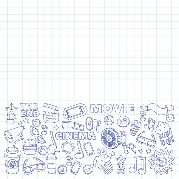 Sinema Icons set. Sinema desen. Sinema simgeler. Sinema arka plan. Sinema vektör ayarlayın. Sinema eps ayarlayın. Sinema doku. Sinema küme. El çekilmiş görüntüleri film yapımı ve film. — Stok Vektör