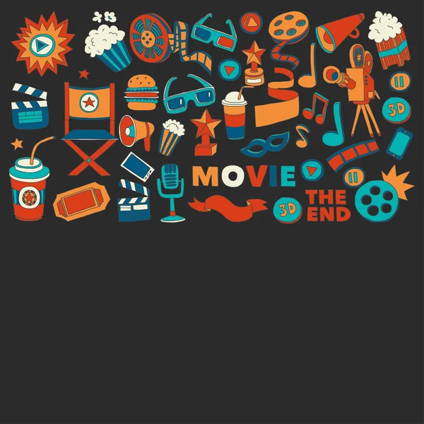 Conjunto de iconos de cine. Patrón de cine. Iconos de cine. Fondo del cine. Vector de conjunto de cine. El cine establece eps. Textura de cine. Conjunto de cine. Filmmaking y películas imágenes dibujadas a mano . — Archivo Imágenes Vectoriales