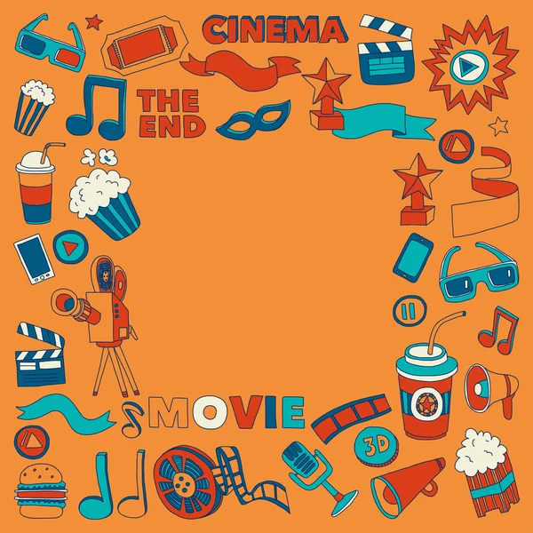 Conjunto de iconos de cine. Patrón de cine. Iconos de cine. Fondo del cine. Vector de conjunto de cine. El cine establece eps. Textura de cine. Conjunto de cine. Filmmaking y películas imágenes dibujadas a mano . — Archivo Imágenes Vectoriales