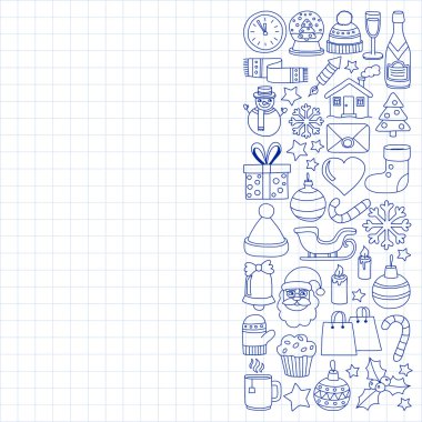 Doodle vektör simgeler neşeli Noel ve mutlu yeni yıl