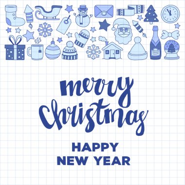 Doodle vektör simgeler neşeli Noel ve mutlu yeni yıl