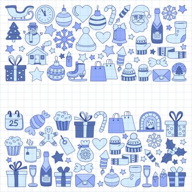 Doodle vektör simgeler neşeli Noel ve mutlu yeni yıl