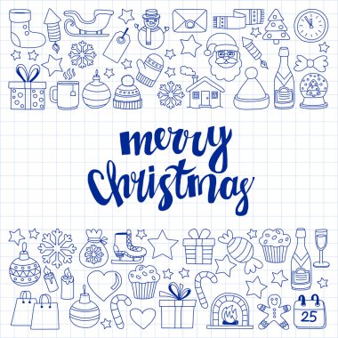 Doodle vektör simgeler neşeli Noel ve mutlu yeni yıl