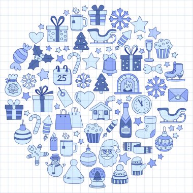 Doodle vektör simgeler neşeli Noel ve mutlu yeni yıl