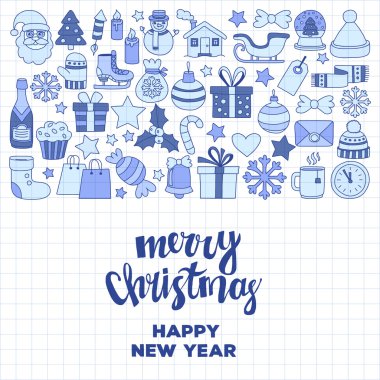 Doodle vektör simgeler neşeli Noel ve mutlu yeni yıl