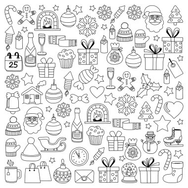 Doodle vektör simgeler neşeli Noel ve mutlu yeni yıl