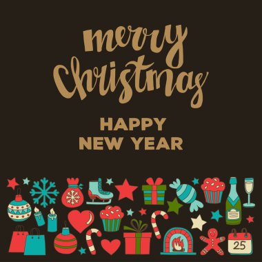 Doodle vektör simgeler neşeli Noel ve mutlu yeni yıl