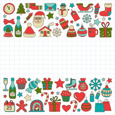 Doodle vektör simgeler neşeli Noel ve mutlu yeni yıl