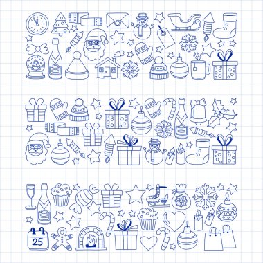 Doodle vektör simgeler neşeli Noel ve mutlu yeni yıl