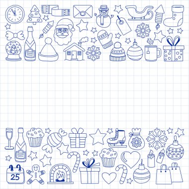 Doodle vektör simgeler neşeli Noel ve mutlu yeni yıl