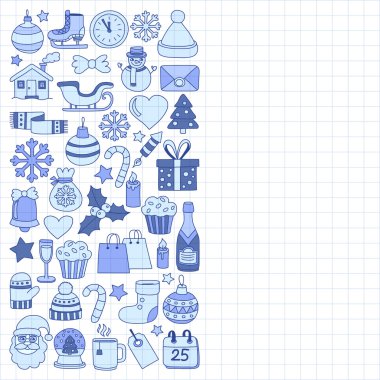 Doodle vektör simgeler neşeli Noel ve mutlu yeni yıl