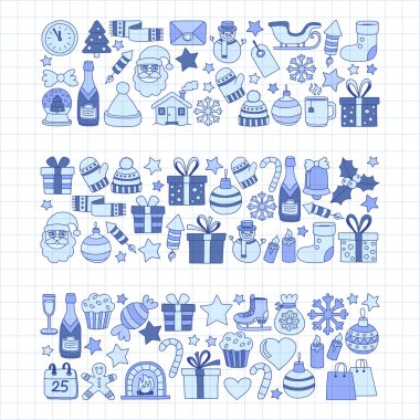 Doodle vektör simgeler neşeli Noel ve mutlu yeni yıl