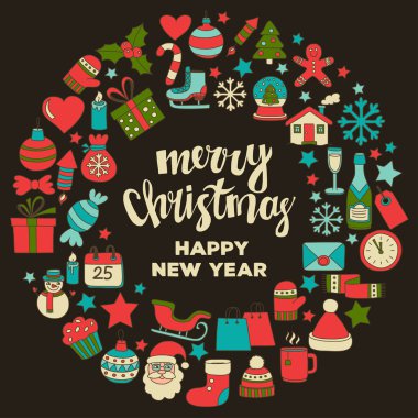 Doodle vektör simgeler neşeli Noel ve mutlu yeni yıl