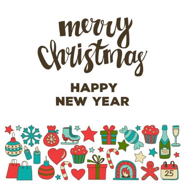 Doodle vektör simgeler neşeli Noel ve mutlu yeni yıl