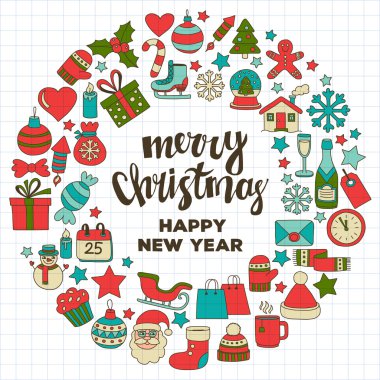 Doodle vektör simgeler neşeli Noel ve mutlu yeni yıl