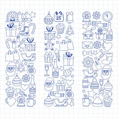 Doodle vektör simgeler neşeli Noel ve mutlu yeni yıl