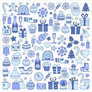 Doodle vektör simgeler neşeli Noel ve mutlu yeni yıl