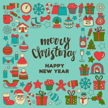 Doodle vektör simgeler neşeli Noel ve mutlu yeni yıl