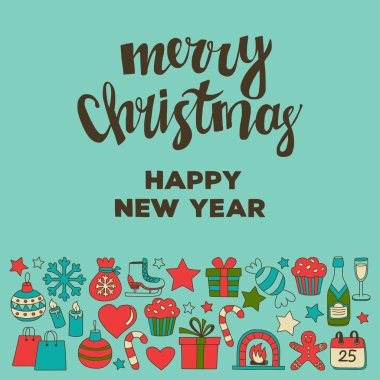 Doodle vektör simgeler neşeli Noel ve mutlu yeni yıl